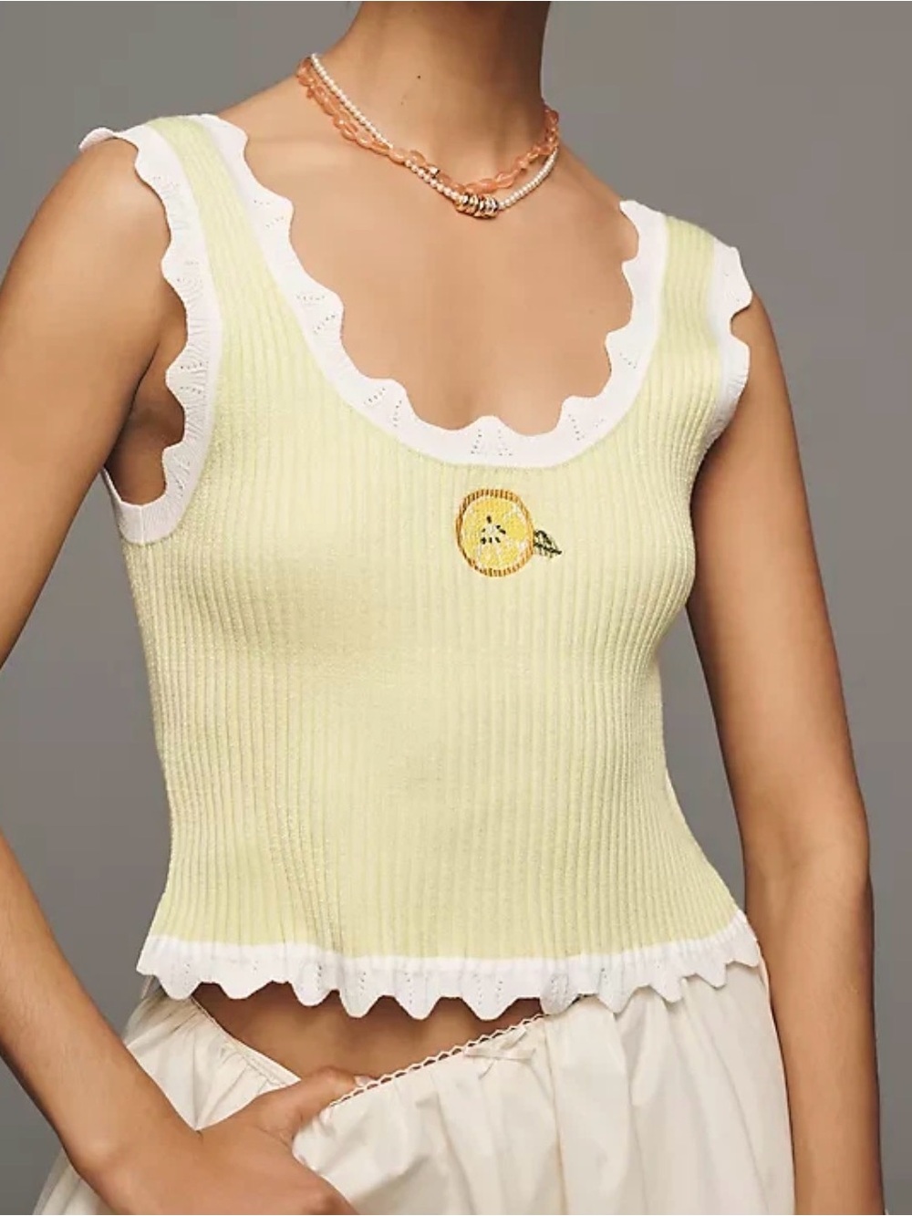 Maeve Yellow Ribbed Cropped Tank with White Scallop Trim